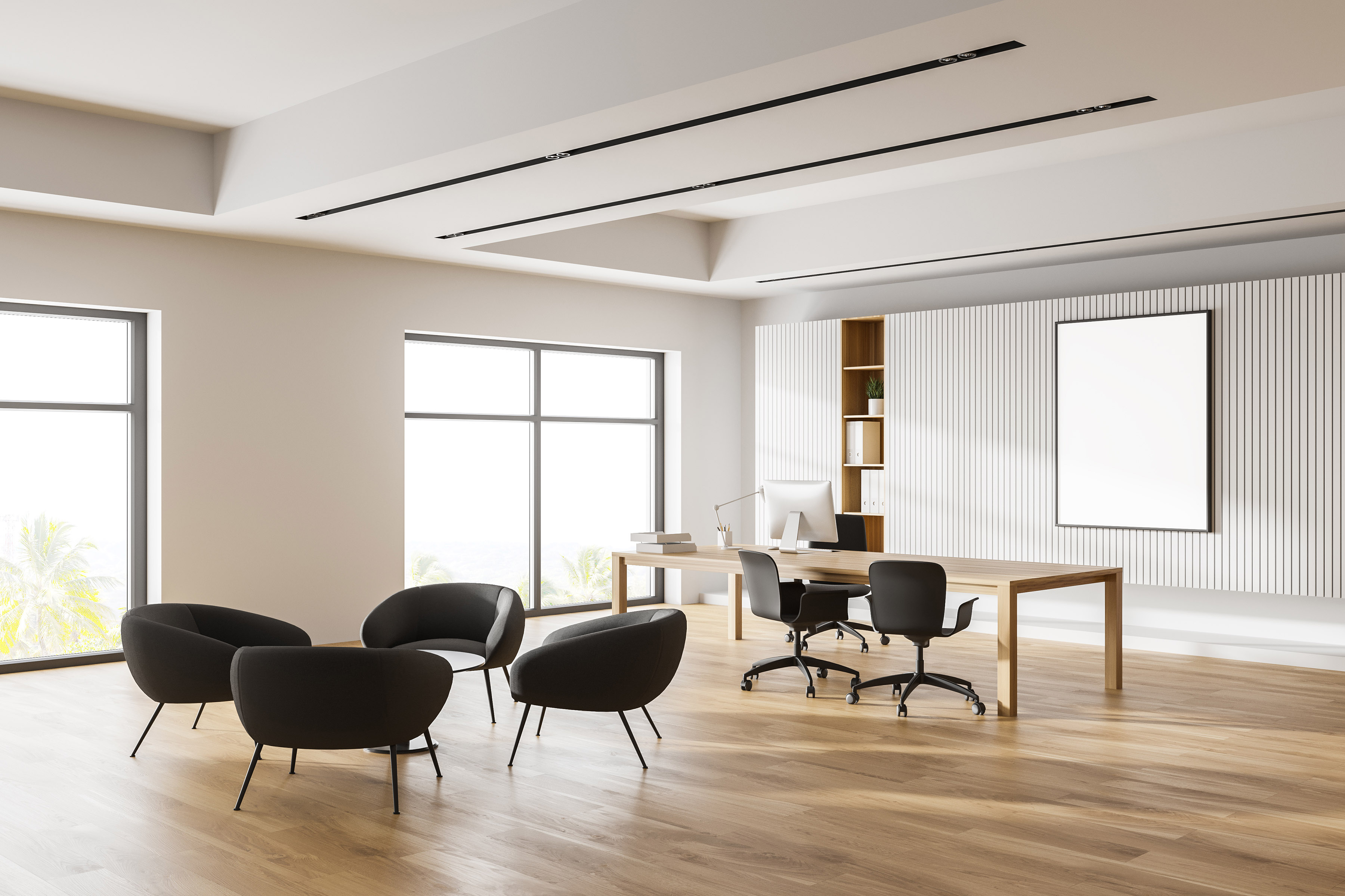White CEO office corner with poster and lounge